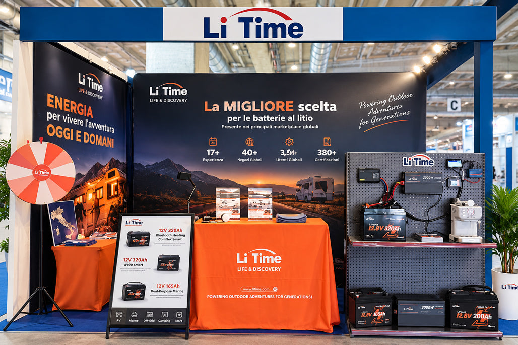 LiTime booth showcasing RV power solutions at Salone del Camper 2026