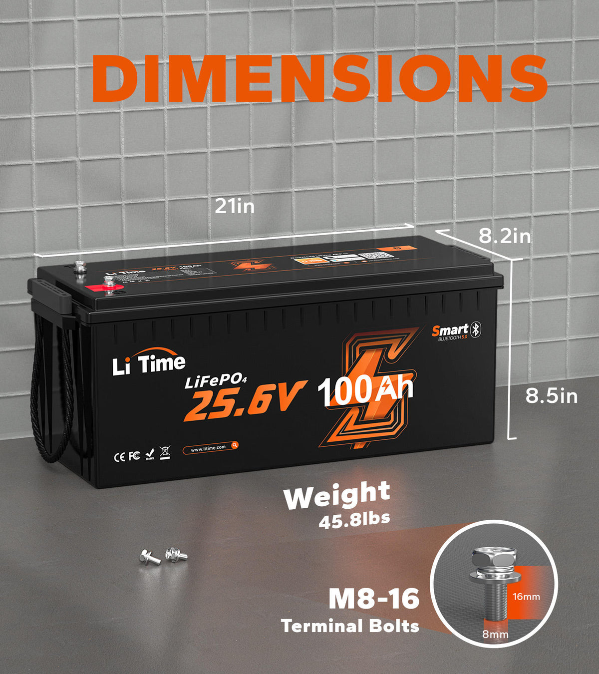 LiTime 24V 100Ah LiFePO4 Bluetooth Lithium RV, Marine Battery with Low-Temp Protection