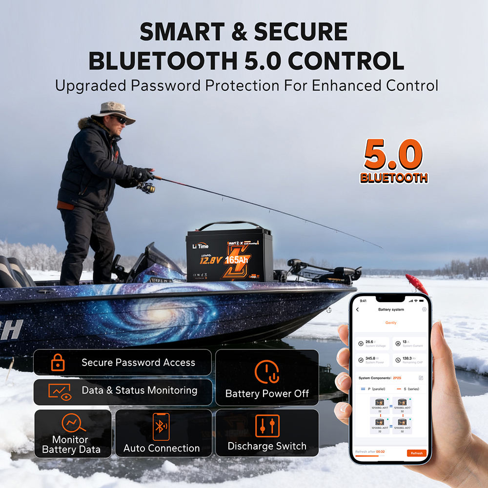 LiTime 12.8V 165Ah Group 31 Heated LiFePO4 Battery with Bluetooth for RV, Marine & Trolling Motors