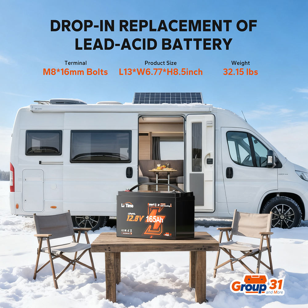 LiTime 12.8V 165Ah Group 31 Heated LiFePO4 Battery with Bluetooth for RV, Marine & Trolling Motors