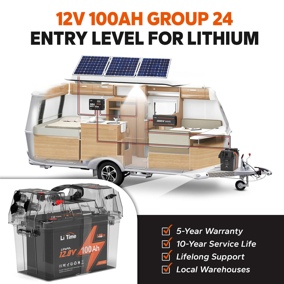 LiTime 12V 100Ah Group 24 Bluetooth LiFePO4 Lithium Deep Cycle Battery