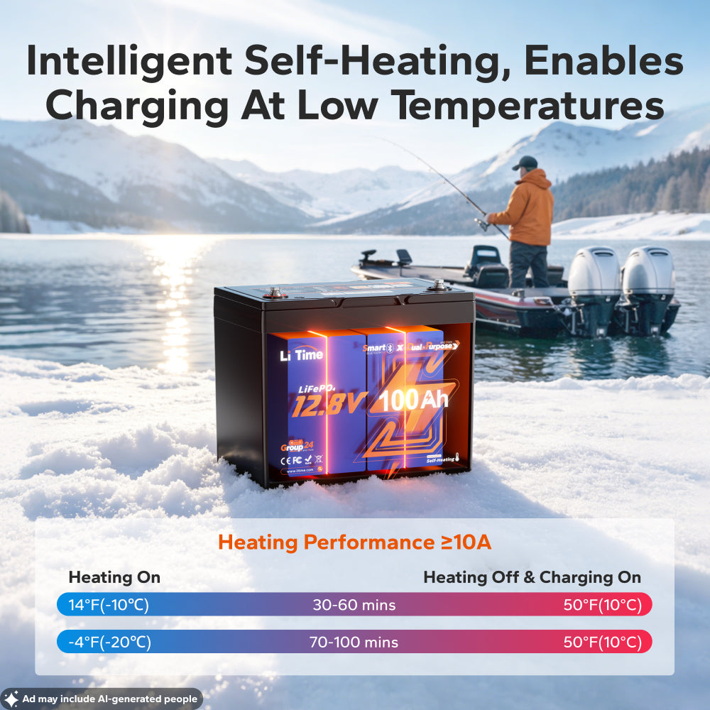 LiTime 12V 100Ah Dual-Purpose Bluetooth Self-Heating LiFePO4 Battery for Marine, RV & Engine Starting