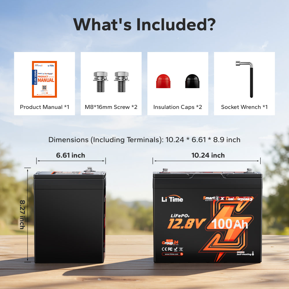 LiTime 12V 100Ah Dual-Purpose Bluetooth Self-Heating LiFePO4 Battery for Marine, RV & Engine Starting