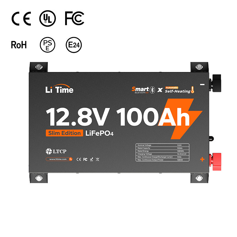 LiTime 12V 100Ah Slim Bluetooth Self-Heating LiFePO4 Battery
