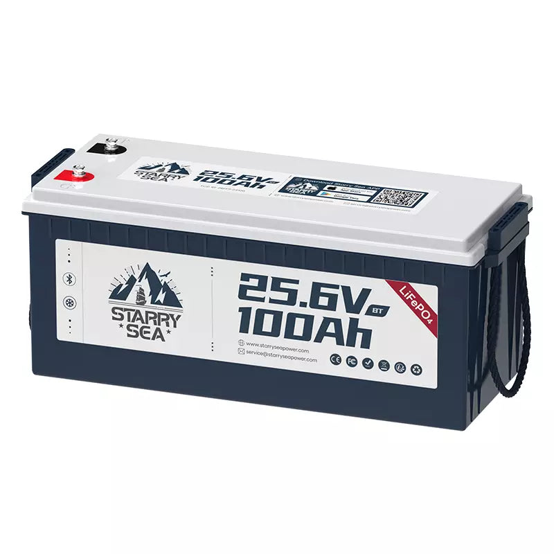 Starry Sea 25.6V 100Ah BT LiFePO4 Battery, Bluetooth Control, 2.56Kwh Energy, Built-in 100A BMS, Low Temperature Cutoff Protection added.