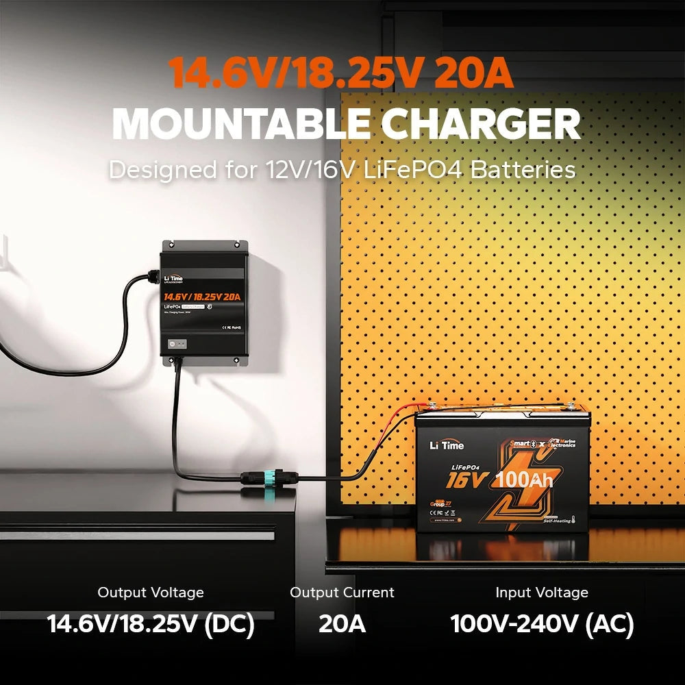 LiTime 12V/16V 20A Adjustable AC-DC LiFePO4 Battery Charger, IP65 Waterproof