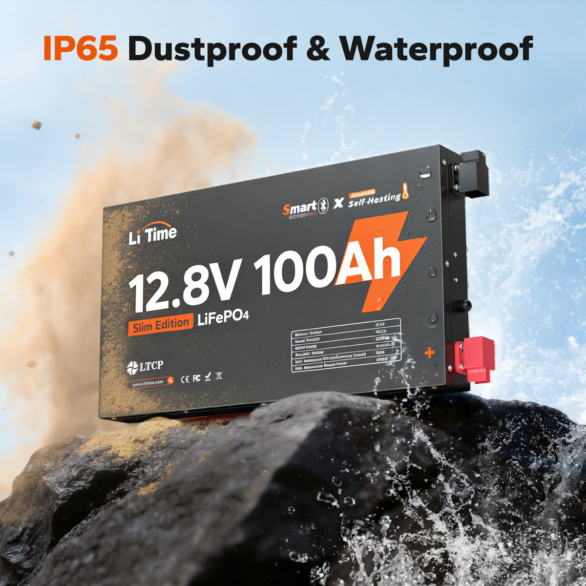 LiTime 12V 100Ah Slim Bluetooth Self-Heating LiFePO4 Battery