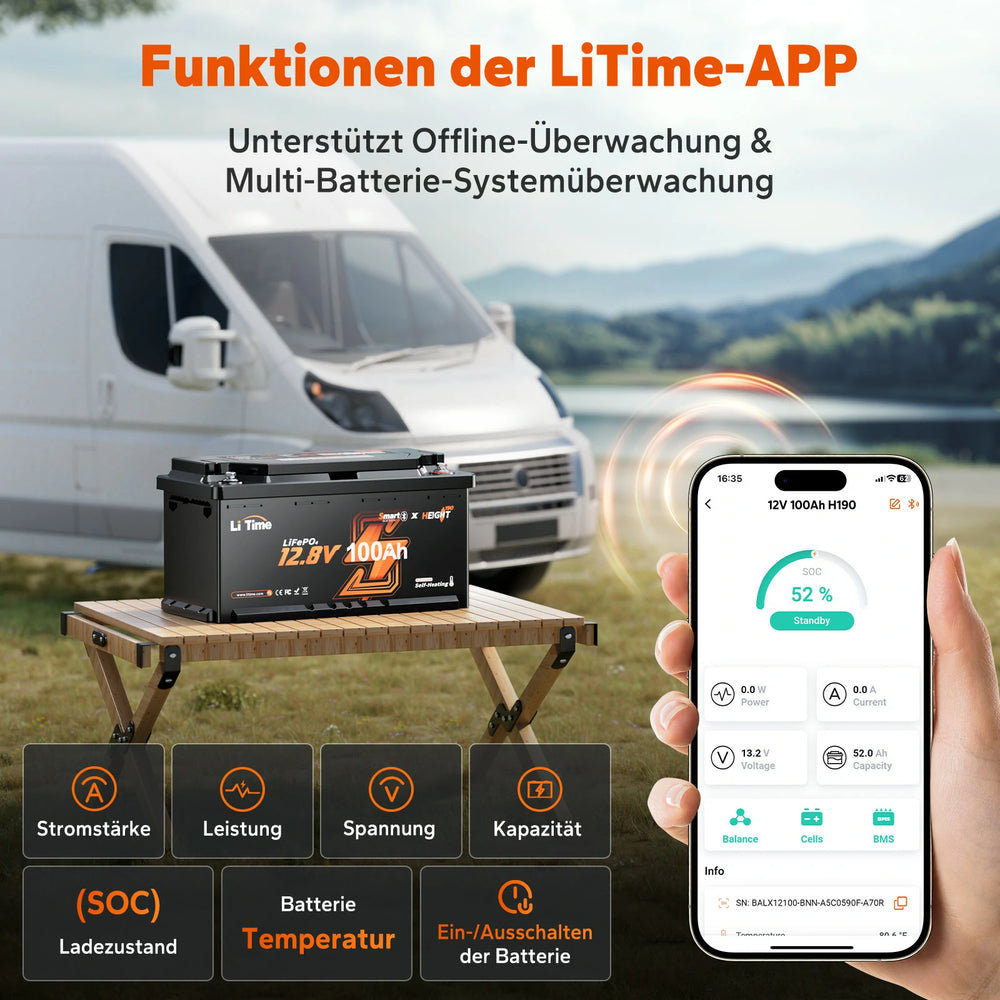 LiTime 12V 100Ah H190 Bluetooth Self-Heating LiFePO4 Battery