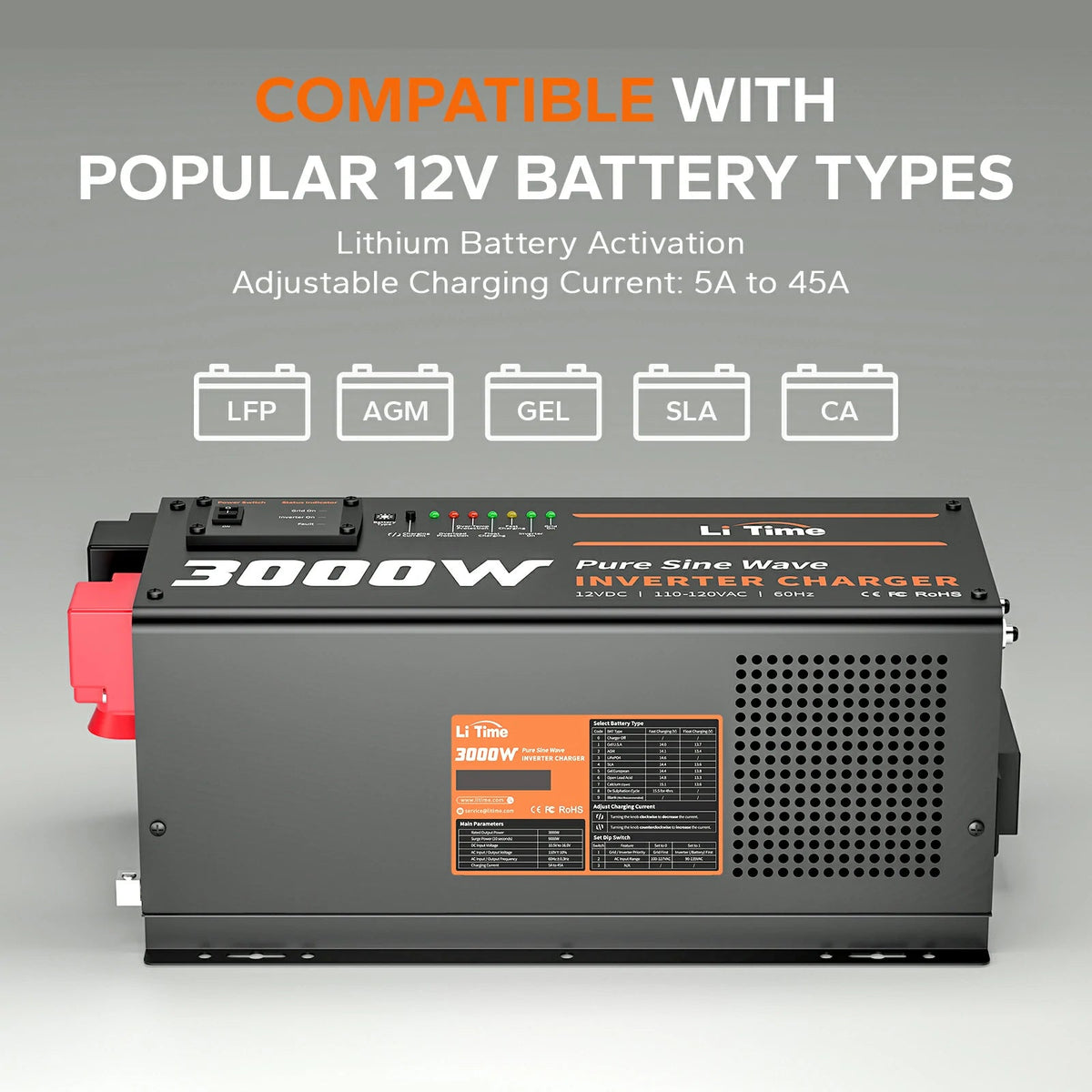 LiTime 12V 3000W Pure Sine Wave Inverter Charger for RV, Marine & Off-Grid Power