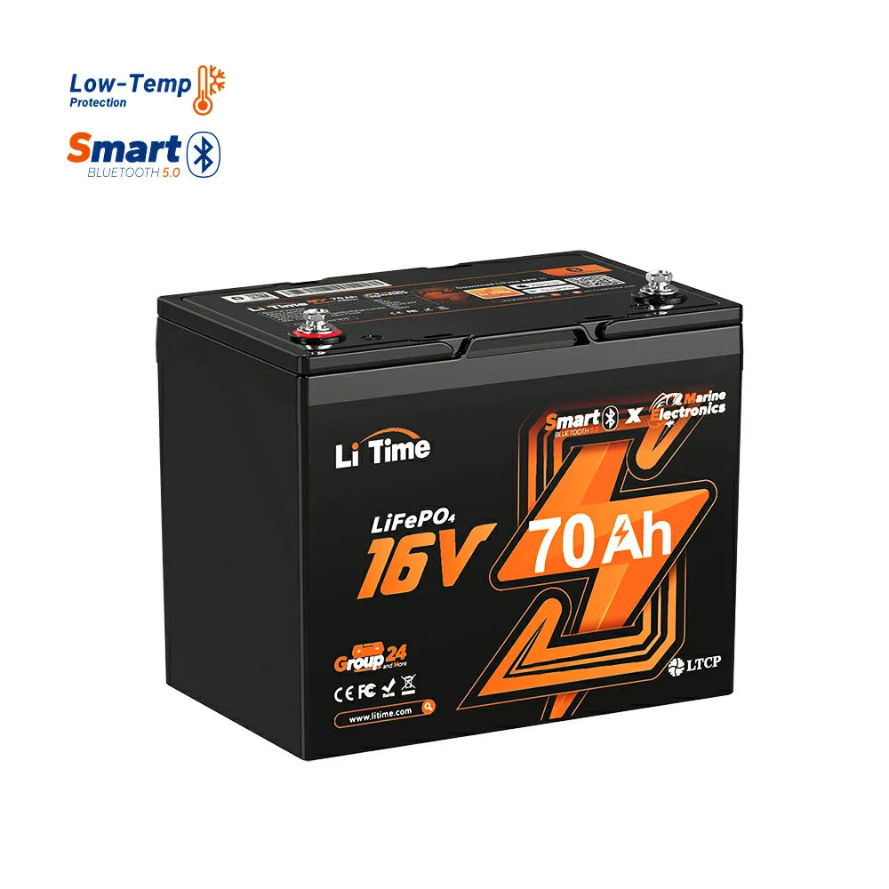 LiTime 16V 70Ah Deep Cycle Bluetooth LiFePO4 Lithium Battery For Fish Finder, Fishing Electronics