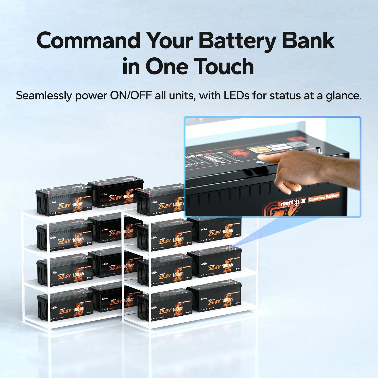 LiTime 24V 100Ah Smart LiFePO4 Lithium Battery with Bluetooth & Victron CAN Communication for RV, Marine & Off-Grid Energy Systems