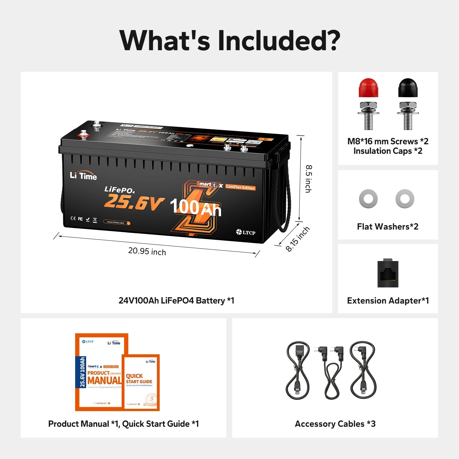 LiTime 24V 100Ah Smart LiFePO4 Lithium Battery with Bluetooth & Victron CAN Communication for RV, Marine & Off-Grid Energy Systems