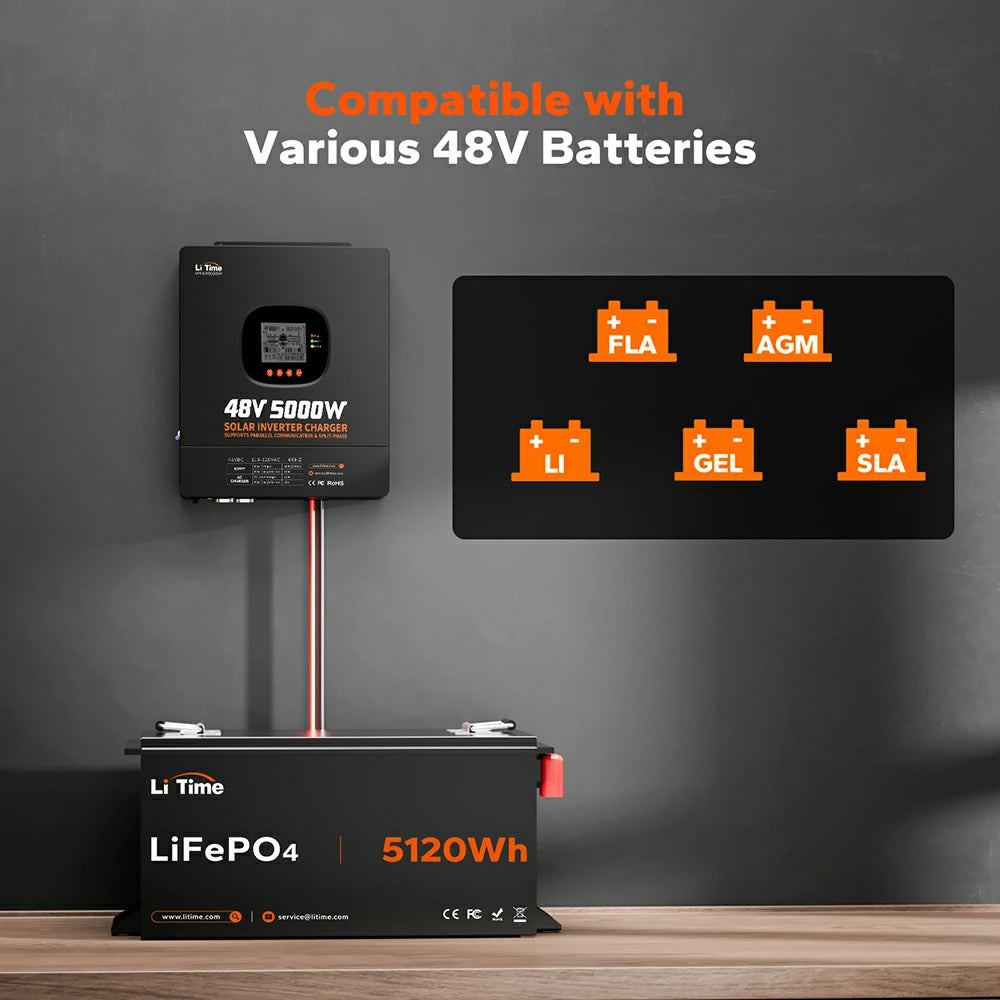 LiTime 48V 5kW All-in-One Solar Inverter Charger with 100A MPPT, Pure Sine Wave & Split-Phase Support for Off-Grid Energy Systems