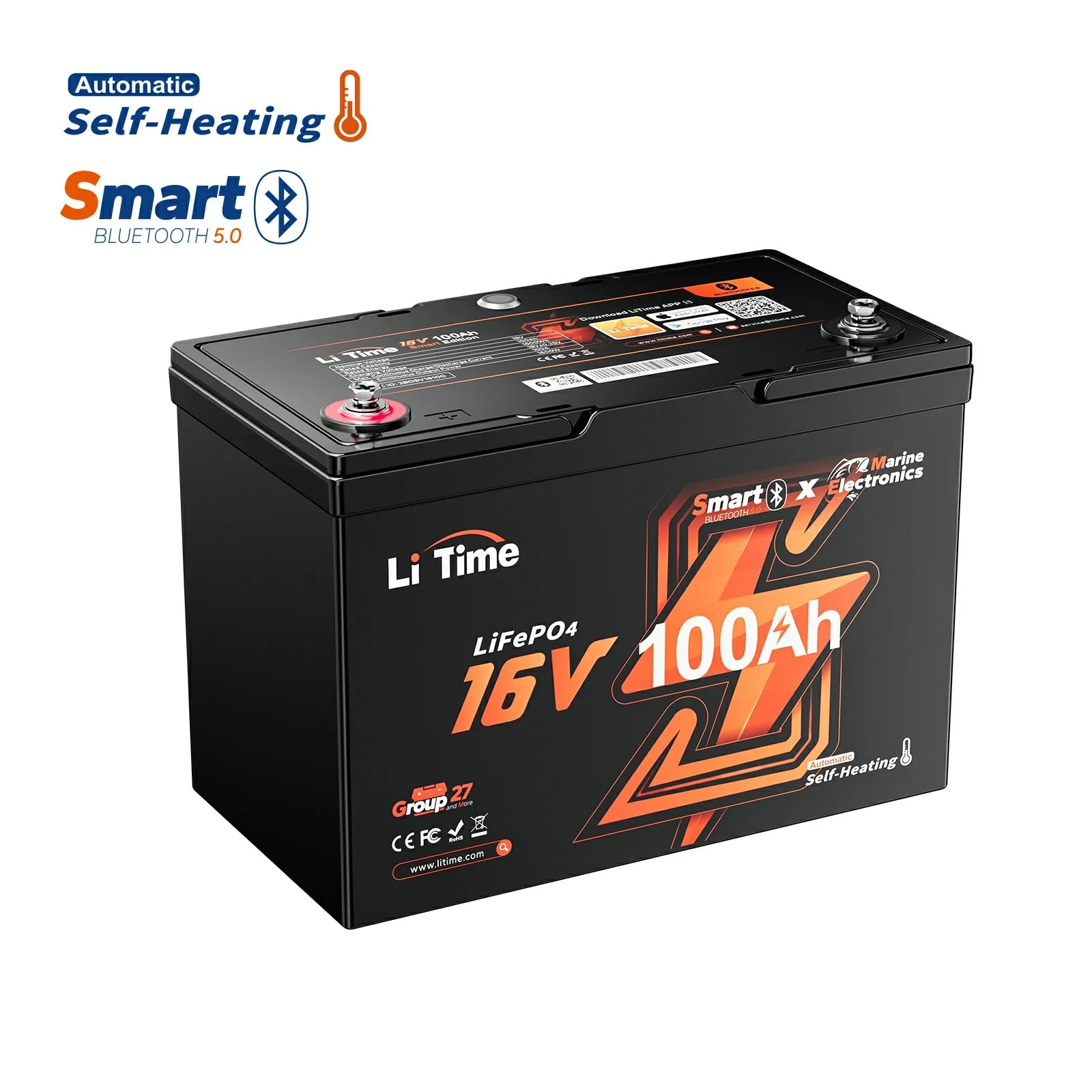 LiTime 16V 100Ah Fish Finder Lithium Battery with Bluetooth, Self-heating