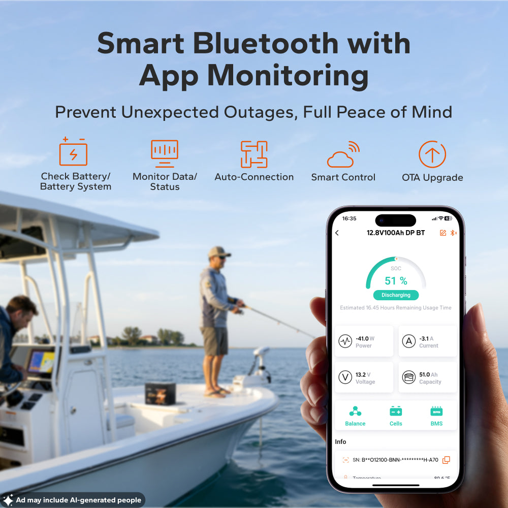 LiTime 12V 100Ah Dual-Purpose Bluetooth Self-Heating LiFePO4 Battery for Marine, RV & Engine Starting
