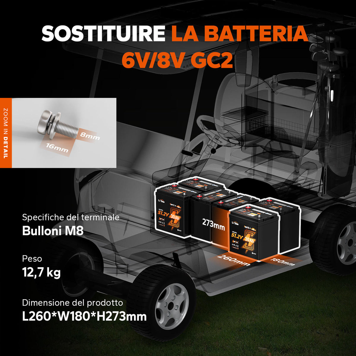 LiTime 51.2V 30Ah GC2 Smart LiFePO4 Golf Cart Battery with Bluetooth