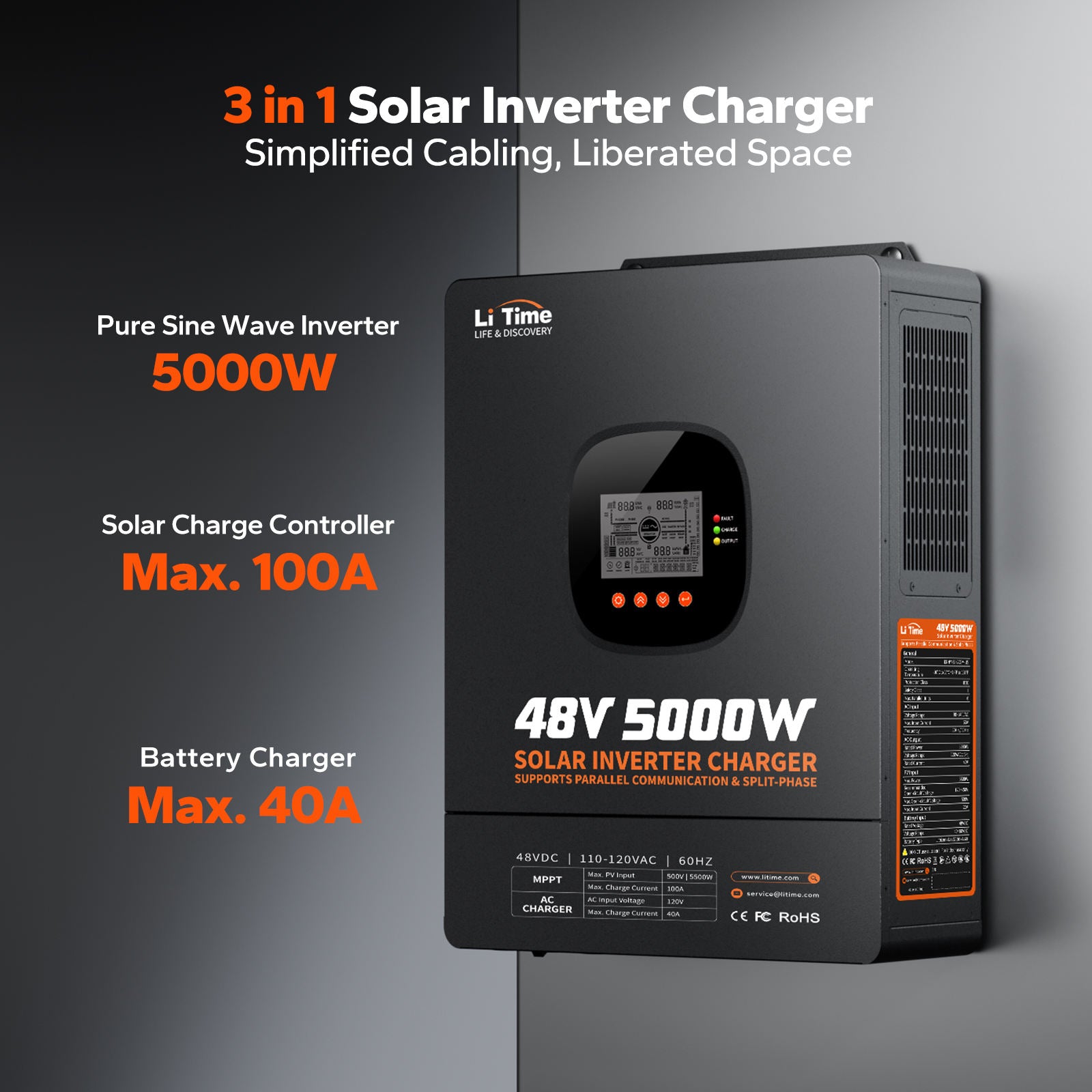 LiTime 48V 5kW All-in-One Solar Inverter Charger with 100A MPPT for Off-Grid Security Power Systems