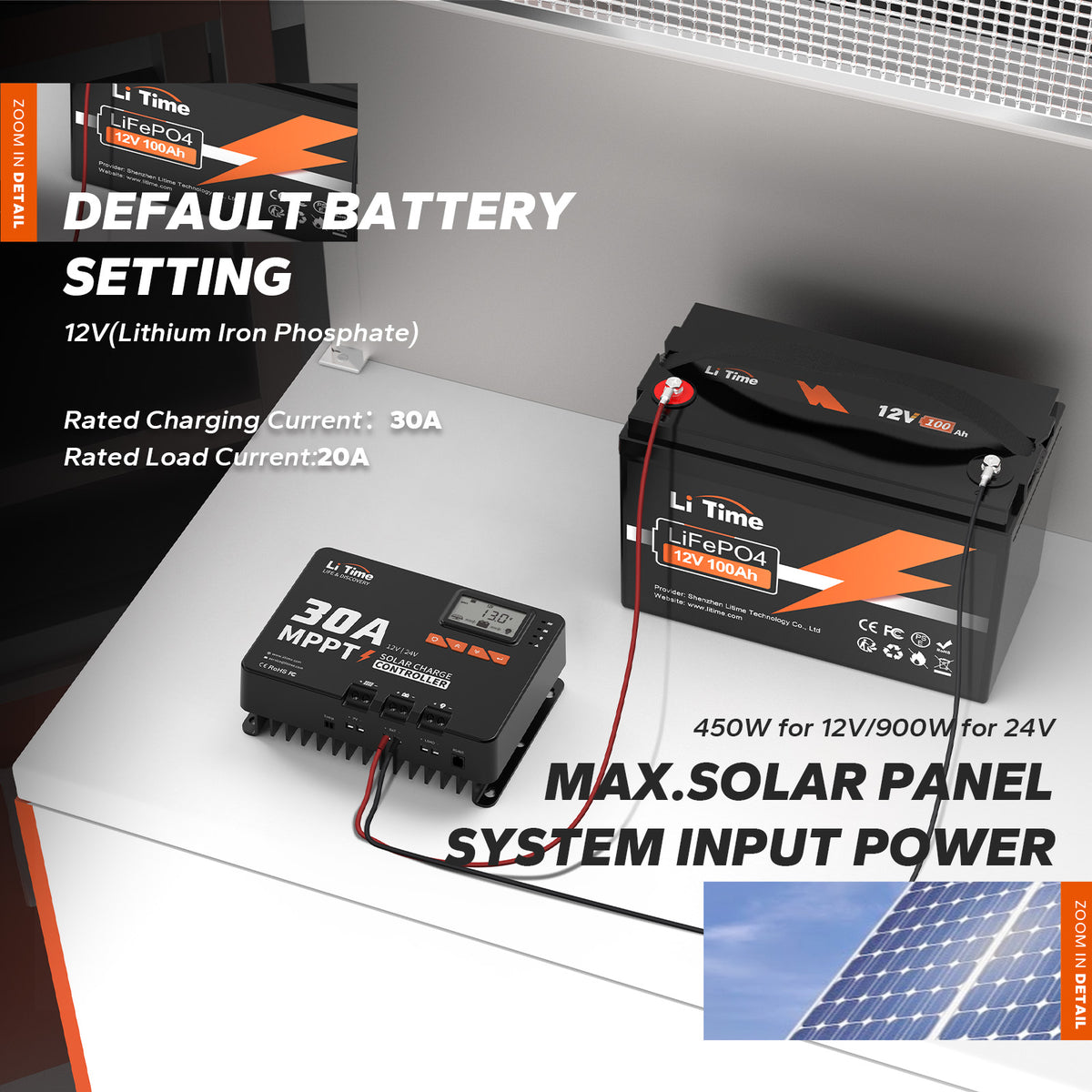 LiTime 30A MPPT 12V/24V Solar Charge Controller Bluetooth integrated