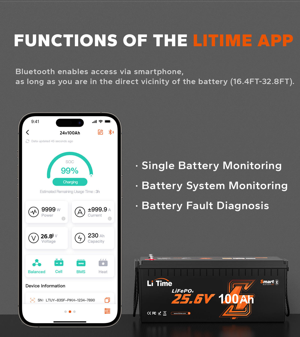 LiTime 24V 100Ah LiFePO4 Bluetooth Lithium RV, Marine Battery with Low-Temp Protection