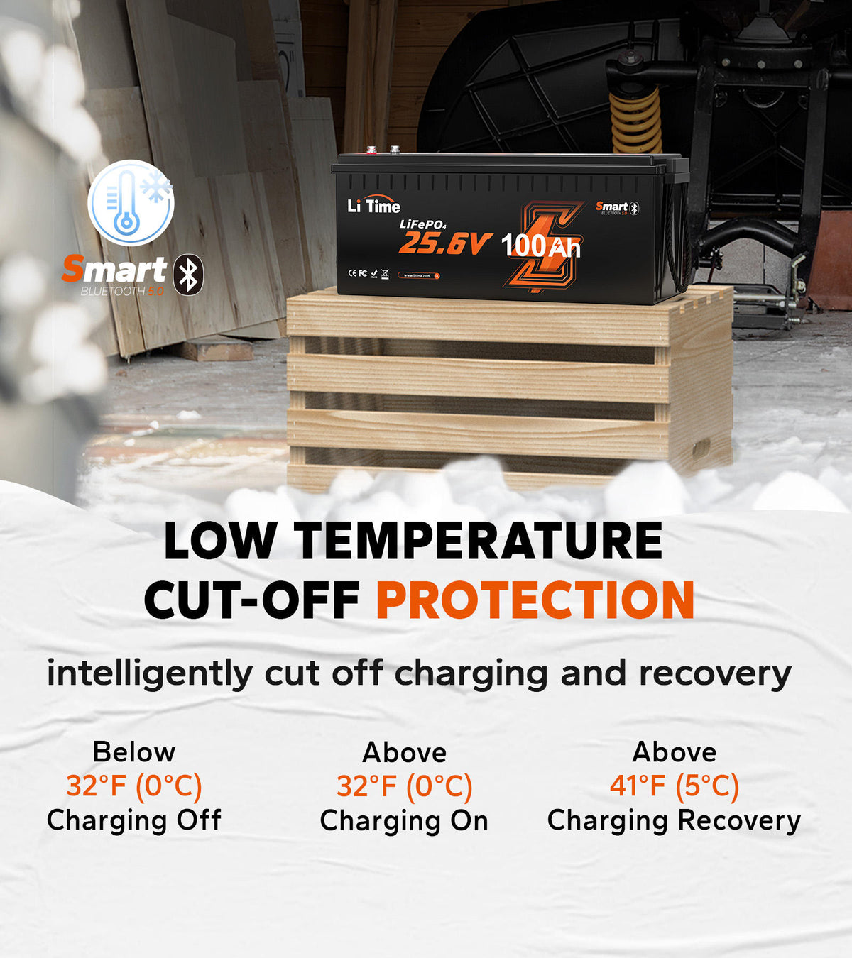 LiTime 24V 100Ah LiFePO4 Bluetooth Lithium RV, Marine Battery with Low-Temp Protection