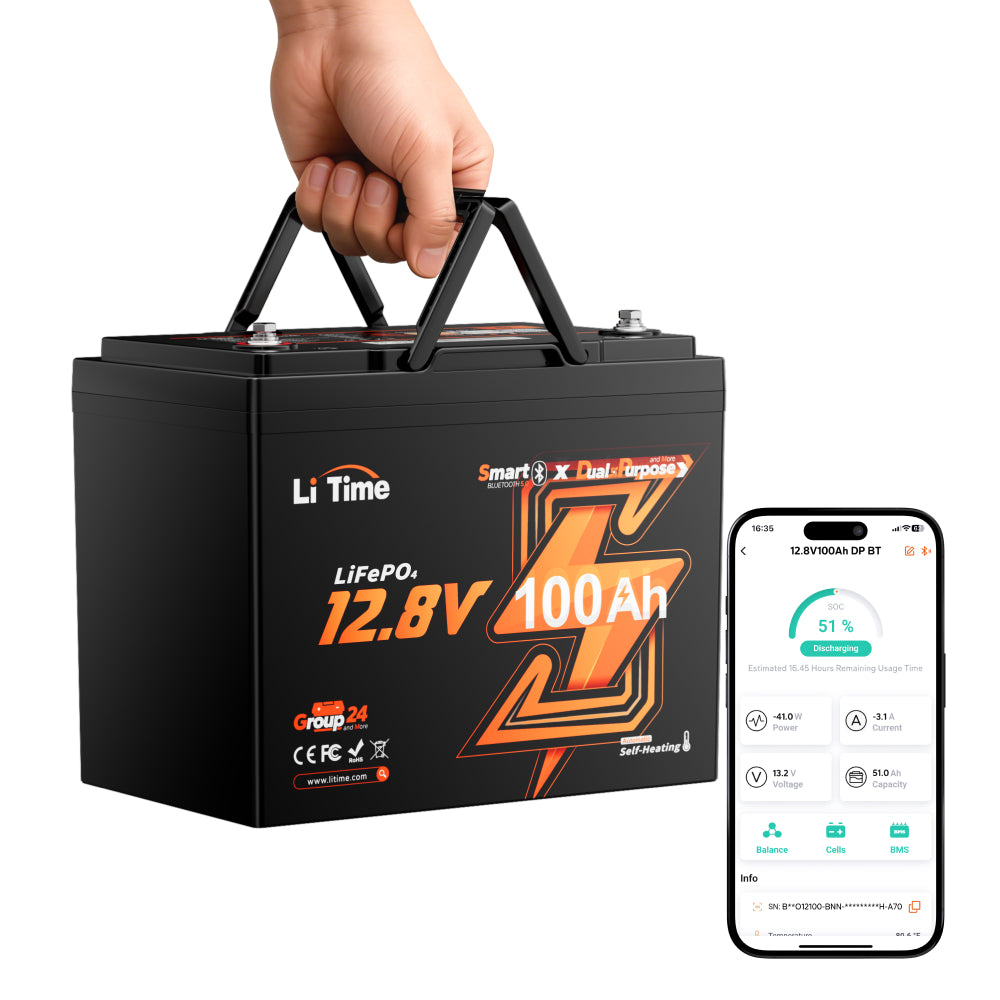 LiTime 12V 100Ah Dual-Purpose Bluetooth Self-Heating LiFePO4 Battery for Marine, RV & Engine Starting