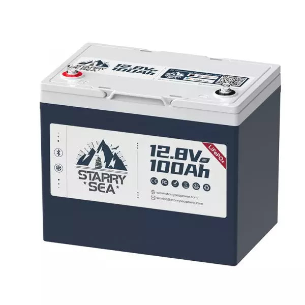 Starry Sea 12.8V100Ah BT LiFePO4 Battery, Bluetooth Feature, 1.28Kwh Energy, Built-in 100A BMS, Group 24 Size Perfect for RVs.