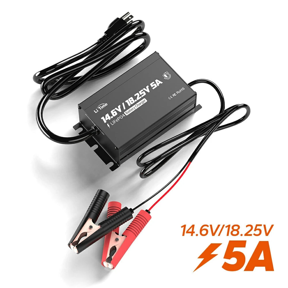LiTime 12V/16V 5A Adjustable Waterproof AC-DC LiFePO4 Battery Charger for Marine, RV & Outdoor