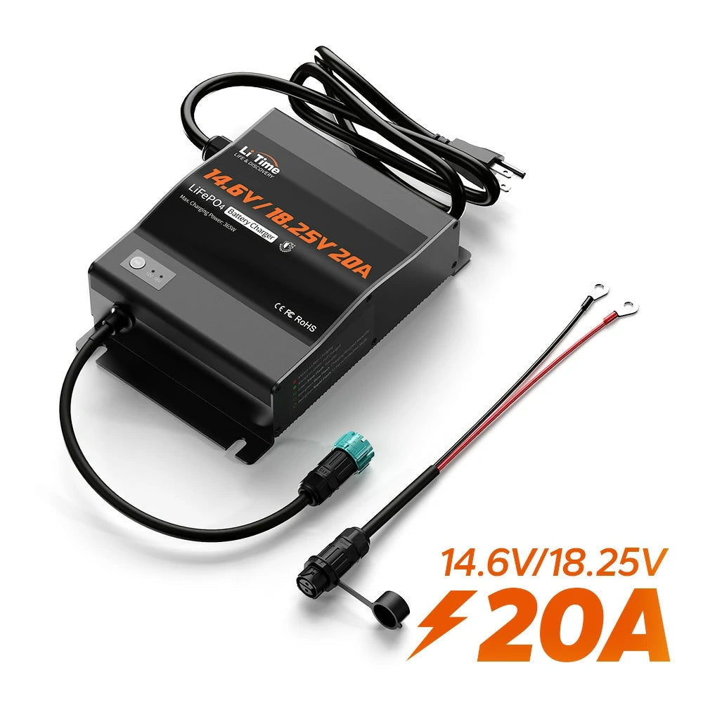 LiTime 12V/16V 20A Adjustable AC-DC LiFePO4 Battery Charger, IP65 Waterproof