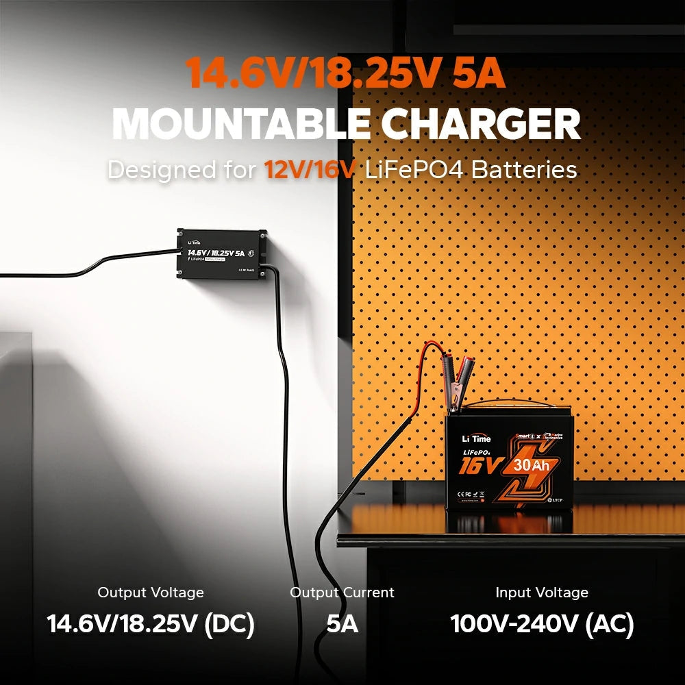 LiTime 12V/16V 5A Adjustable Waterproof AC-DC LiFePO4 Battery Charger for Marine, RV & Outdoor
