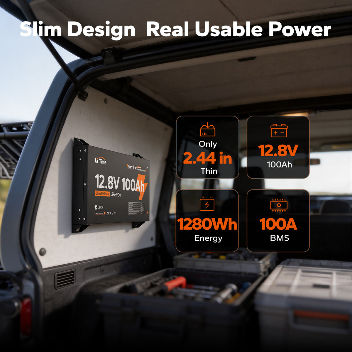 LiTime 12V 100Ah Slim Bluetooth Self-Heating LiFePO4 Battery