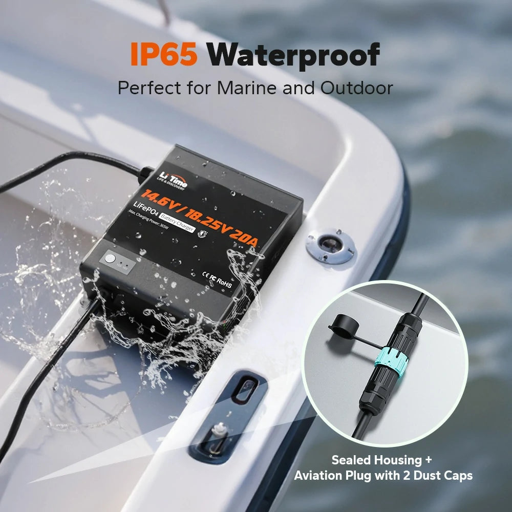 LiTime 12V/16V 20A Adjustable AC-DC LiFePO4 Battery Charger, IP65 Waterproof