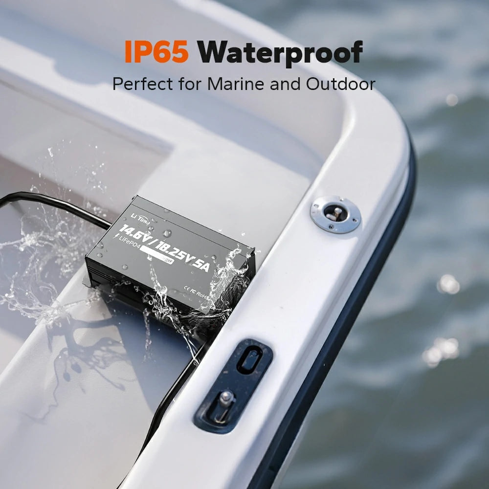 LiTime 12V/16V 5A Adjustable Waterproof AC-DC LiFePO4 Battery Charger for Marine, RV & Outdoor