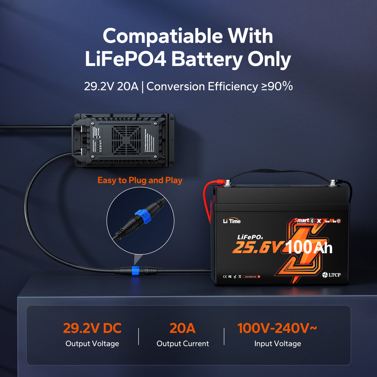 24V 20A Waterproof LiFePO4 Battery Charger with IP67 Protection