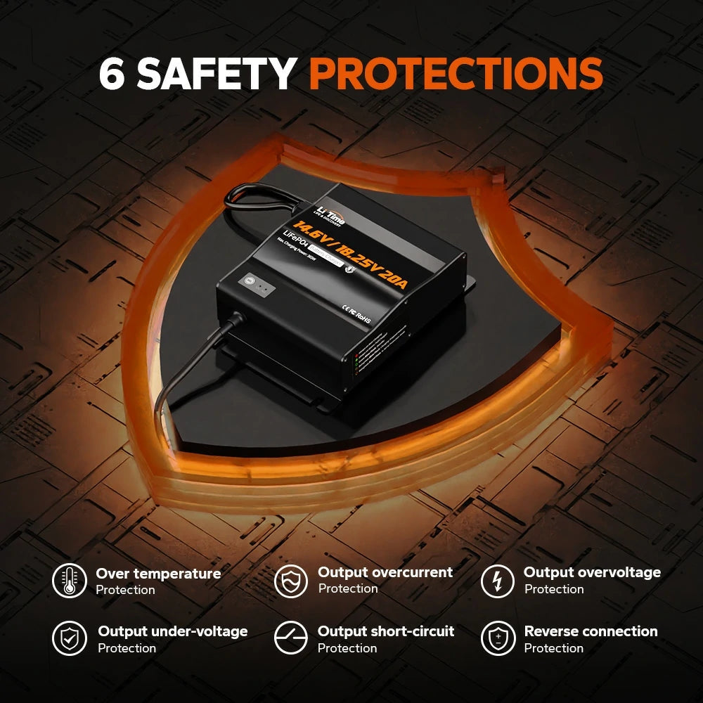 LiTime 12V/16V 20A Adjustable AC-DC LiFePO4 Battery Charger, IP65 Waterproof