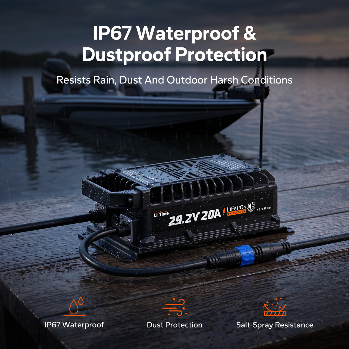 24V 20A Waterproof LiFePO4 Battery Charger with IP67 Protection