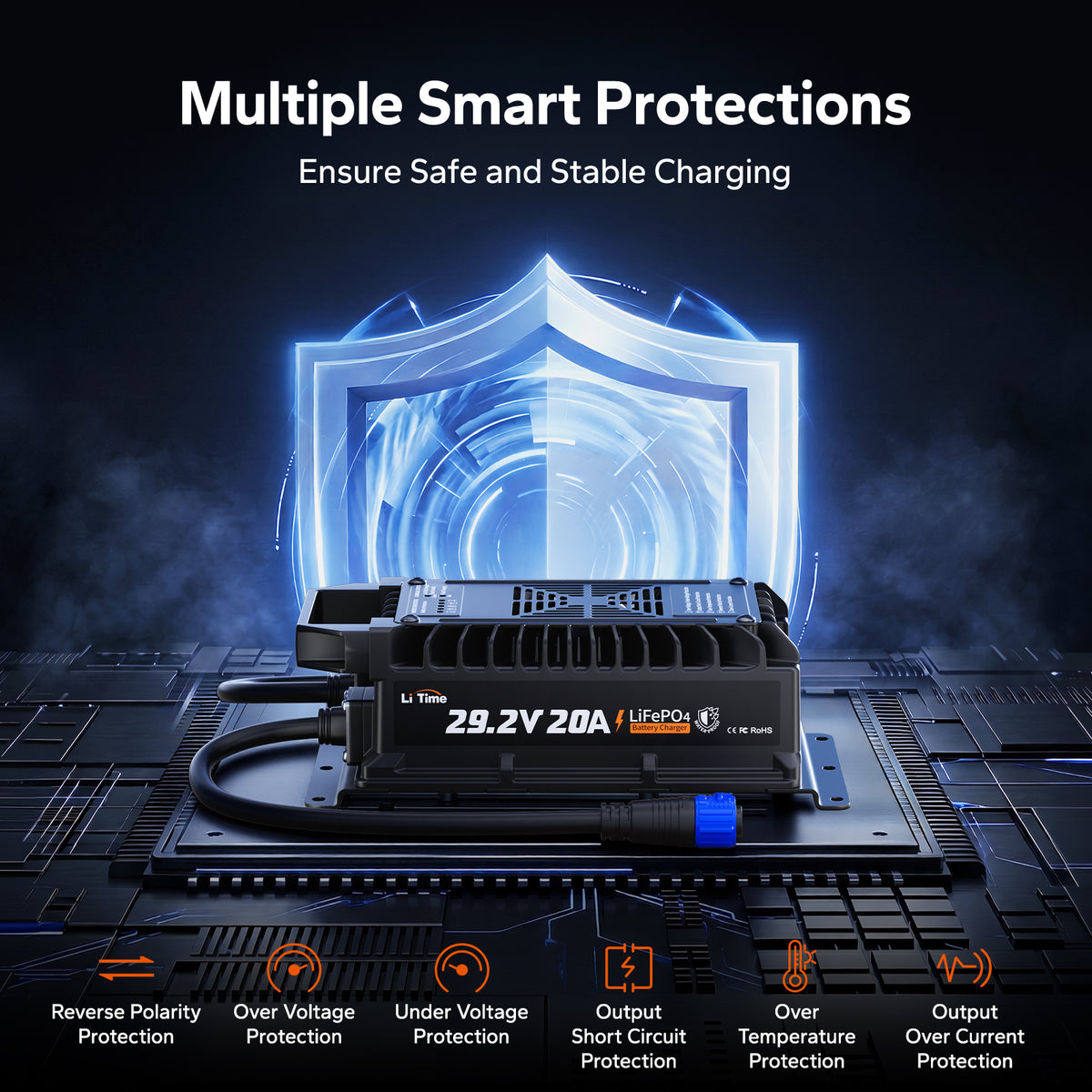 24V 20A Waterproof LiFePO4 Battery Charger with IP67 Protection
