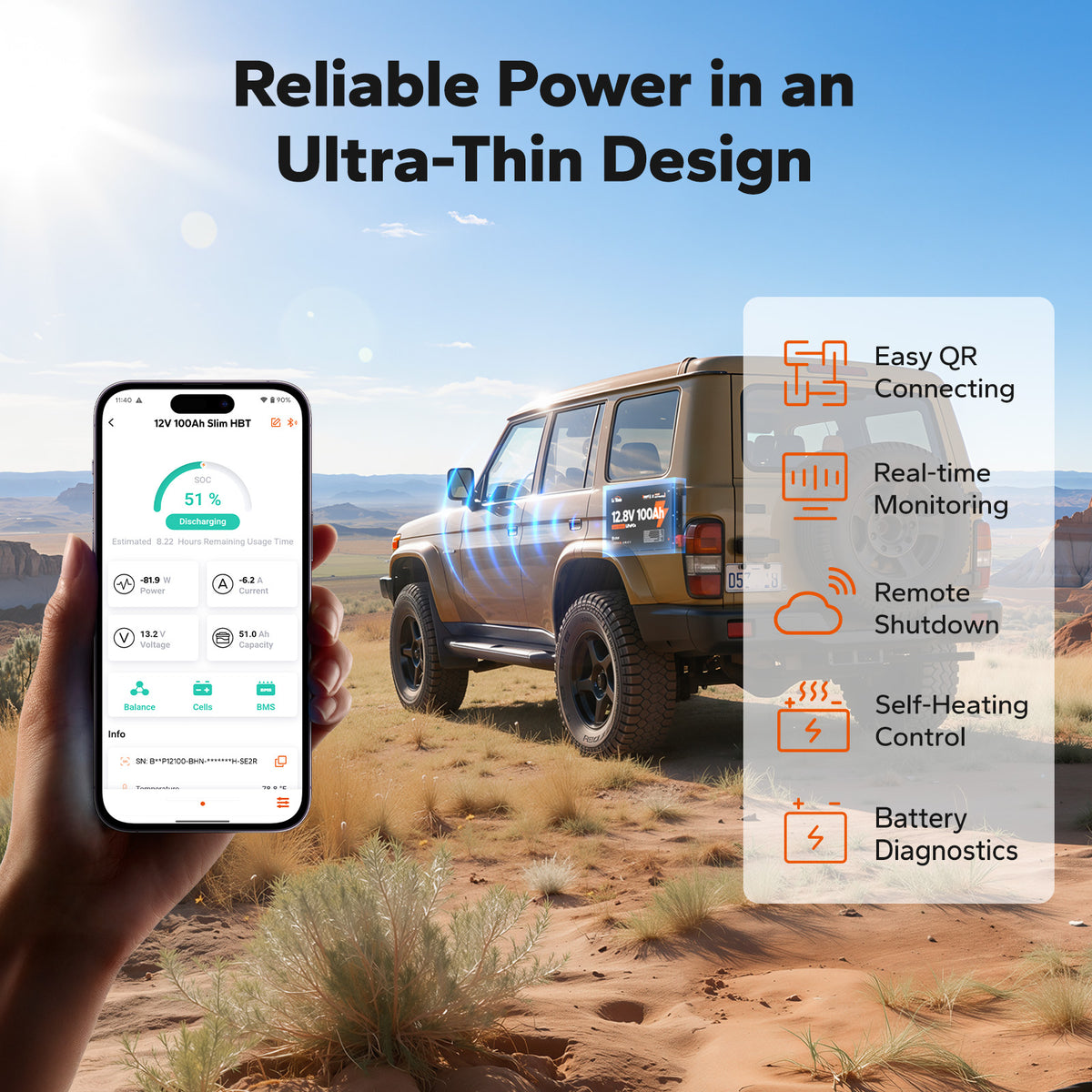 LiTime 12V 100Ah Slim Bluetooth Self-Heating LiFePO4 Battery