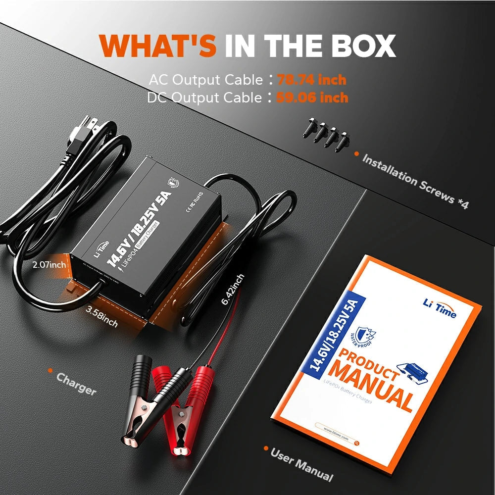 LiTime 12V/16V 5A Adjustable Waterproof AC-DC LiFePO4 Battery Charger for Marine, RV & Outdoor