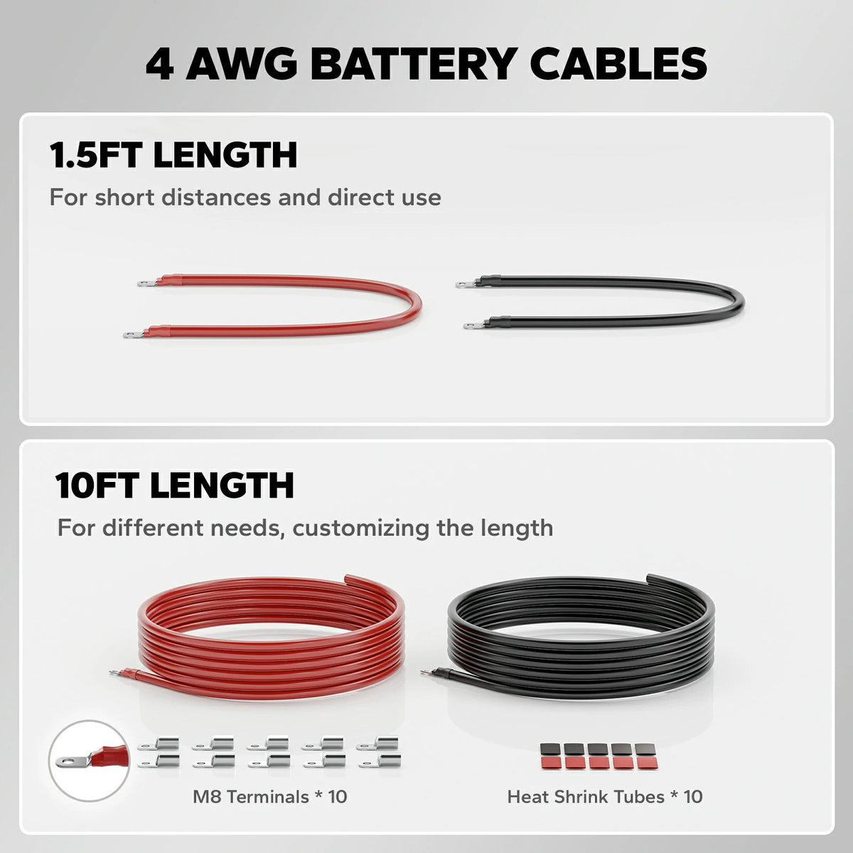 LiTime 4 AWG 10ft Battery Cable with M8 Terminal for RV, Marine & Off-Grid Systems