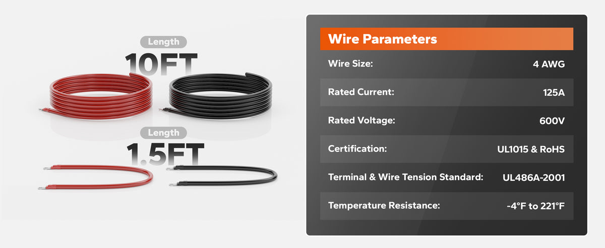 LiTime 4 AWG 10ft Battery Cable with M8 Terminal for RV, Marine & Off-Grid Systems