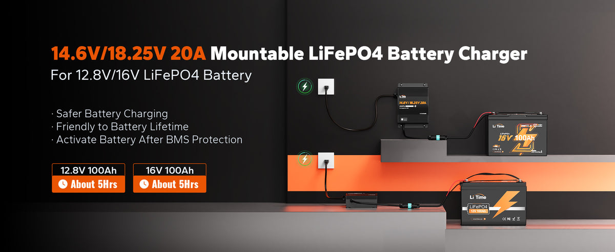 LiTime 12V/16V 20A Adjustable AC-DC LiFePO4 Battery Charger, IP65 Waterproof