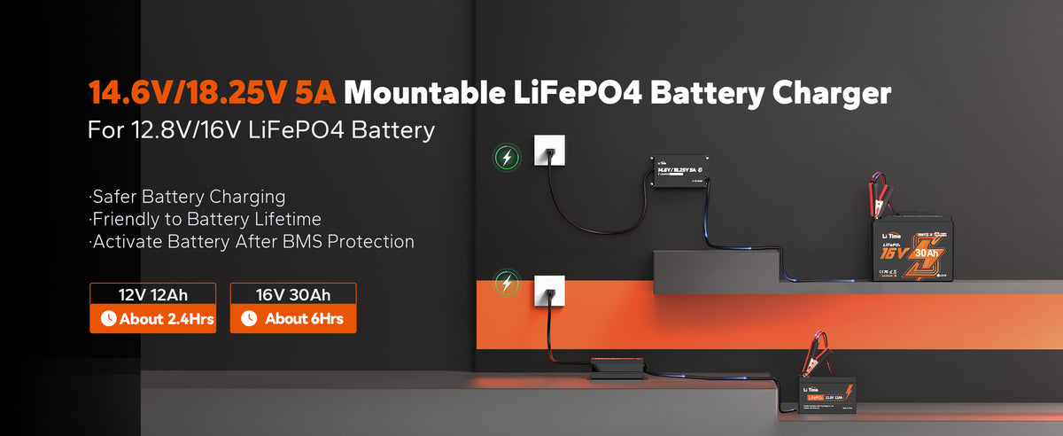 LiTime 12V/16V 5A Adjustable Waterproof AC-DC LiFePO4 Battery Charger for Marine, RV & Outdoor