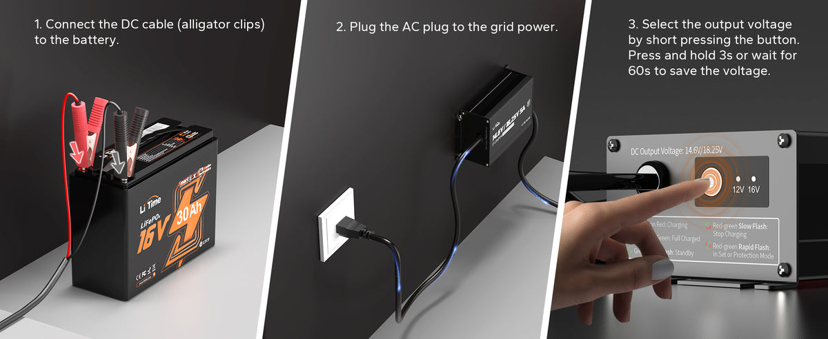 LiTime 12V/16V 5A Adjustable Waterproof AC-DC LiFePO4 Battery Charger for Marine, RV & Outdoor