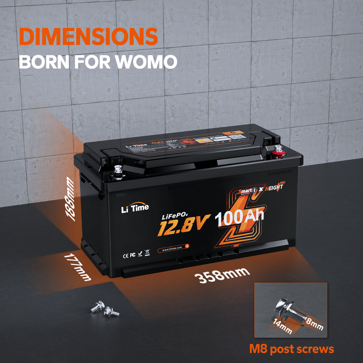 LiTime 12.8V 100Ah H190 Self Heating LiFePO4 Battery, Bluetooth Feature, Low Temperature Cutoff Protect, Designed for European RVs.