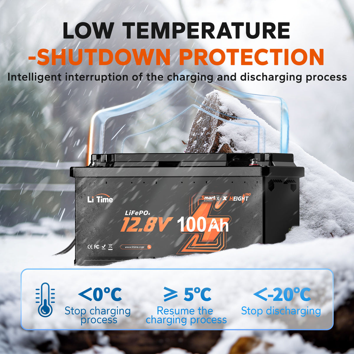 LiTime 12.8V 100Ah H190 Self Heating LiFePO4 Battery, Bluetooth Feature, Low Temperature Cutoff Protect, Designed for European RVs.