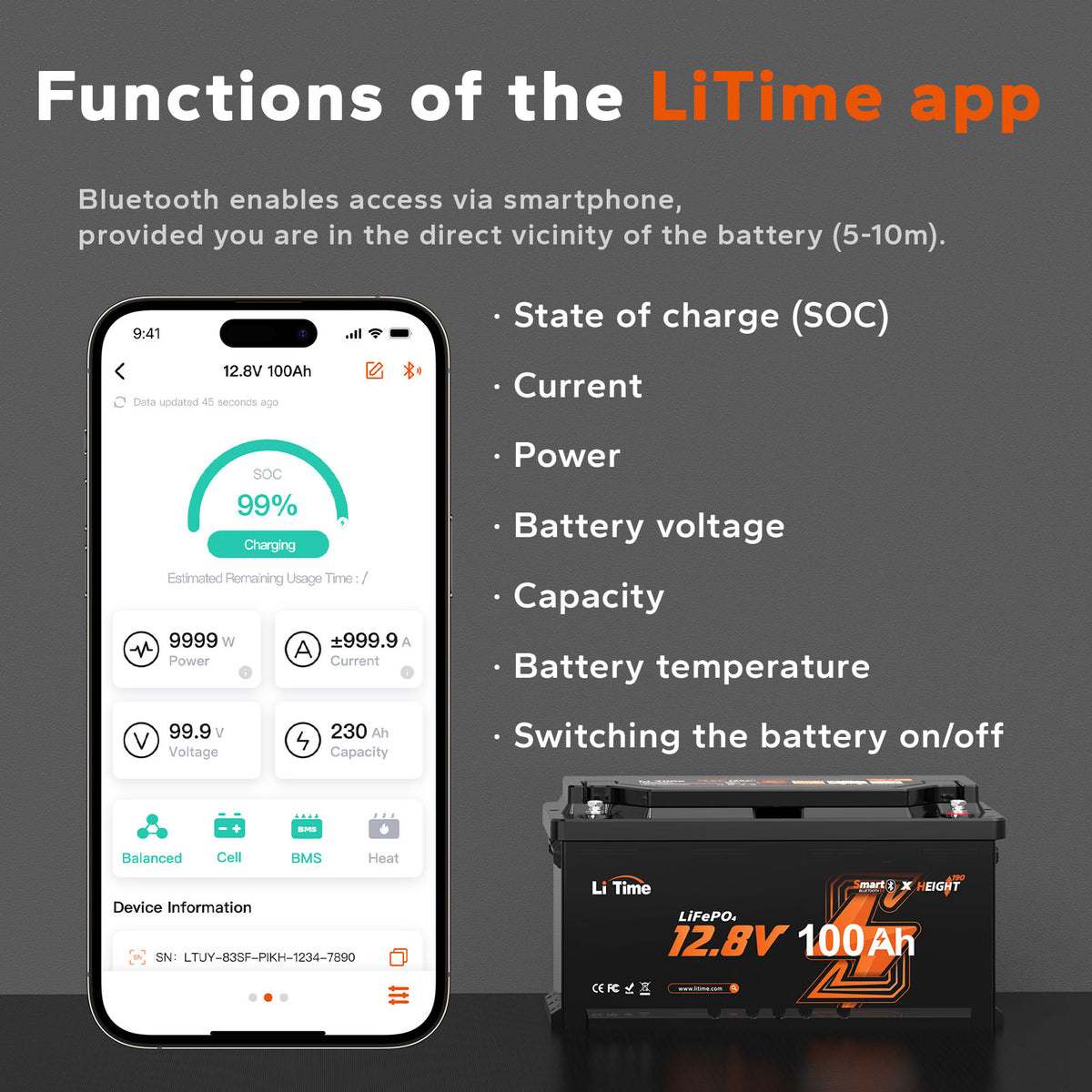 LiTime 12.8V 100Ah H190 Self Heating LiFePO4 Battery, Bluetooth Feature, Low Temperature Cutoff Protect, Designed for European RVs.
