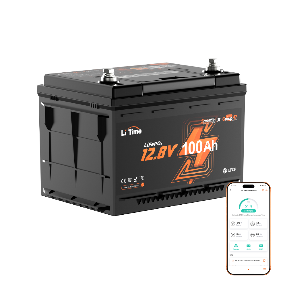 LiTime 12V 100Ah Group 47 (DIN H5) Bluetooth LiFePO4 Battery