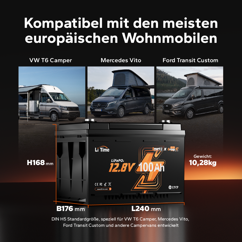 LiTime 12V 100Ah Group 47 (DIN H5) Bluetooth LiFePO4 Battery