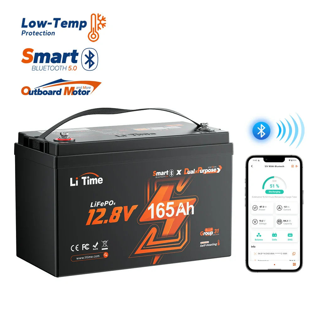 LiTime 12V 165Ah Dual Purpose Marine Lithium Battery | Bluetooth & 1200 CCA