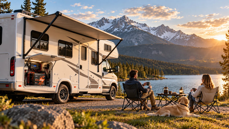 LiTime LiFePO4 battery powering an RV at a lakeside campsite